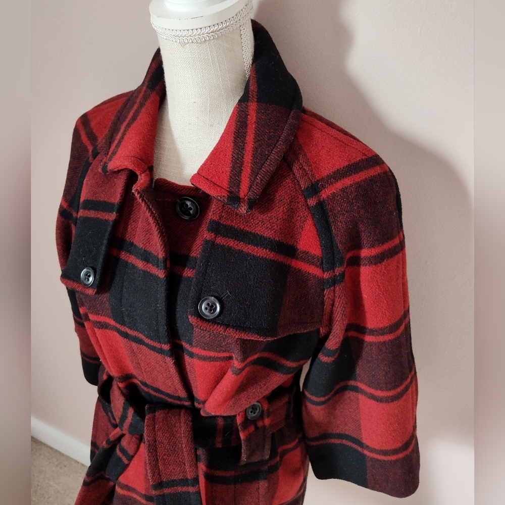 🥰 Vintage Y2K (2008) GAP Buffalo Plaid 3/4 Sleeve Mid Length Wool Pea Coat, SM - Picture 7 of 15